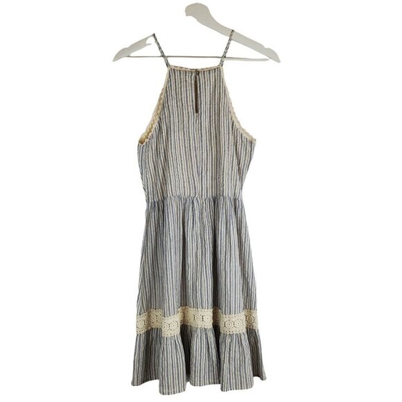 ALTAR'D State Small Mini Dress Blue Stripes Crochet Bodice Cottagecore Peasant - Picture 2 of 13